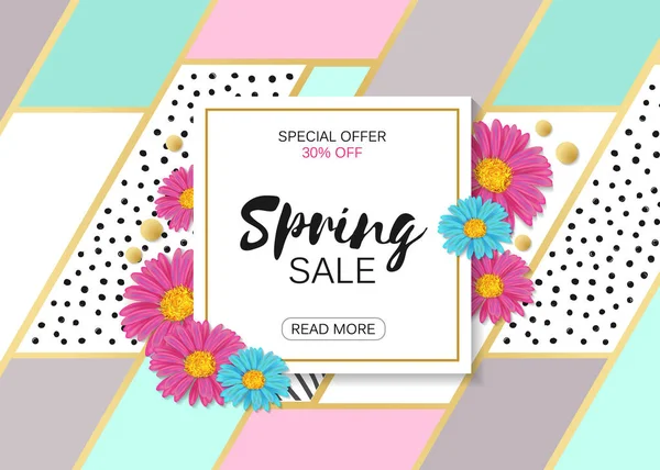 Tavaszi eladó Design színes virágok, a szőlő és a levelei, háttérben repülő pillangók tavasz szezonális támogatása. Vektoros illusztráció — Stock Vector