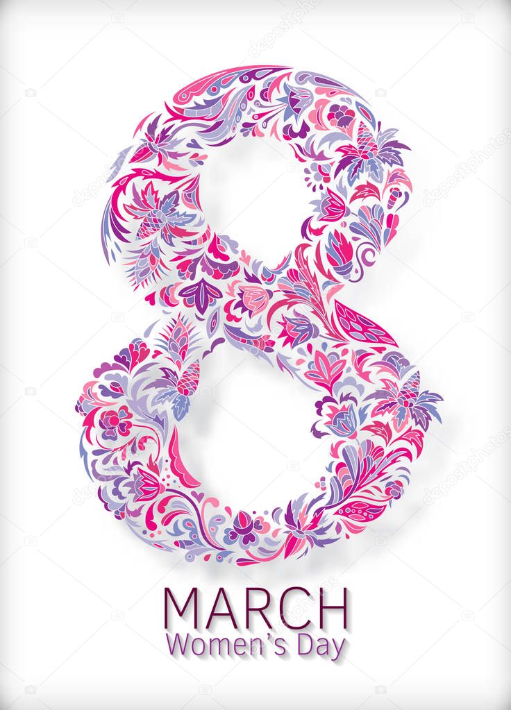 Vector illustration of doodle, zenart, zentangl figure eight with flowers. International Womens Day March 8. Coloring for adult anti-stress. Black and white.