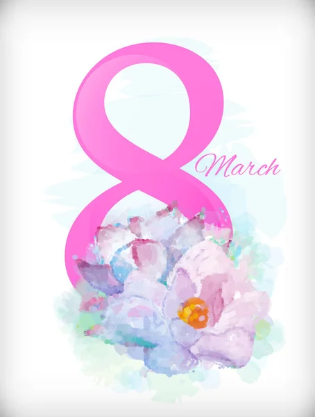 繊細なピンク ブルー マグノリアと 8の字の水彩花グループです。3 月 8 日にグリーティング カードのかわいいヴィンテージの花。水彩の模倣。ベクトル — ストックベクタ