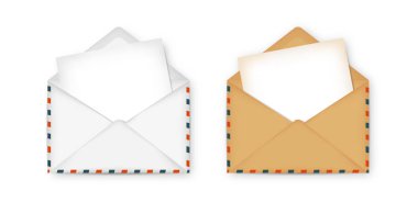 Açık zarf içinde notlar için kağıt ile. Beyaz ve kahverengi notepaper. Vektör çizim.