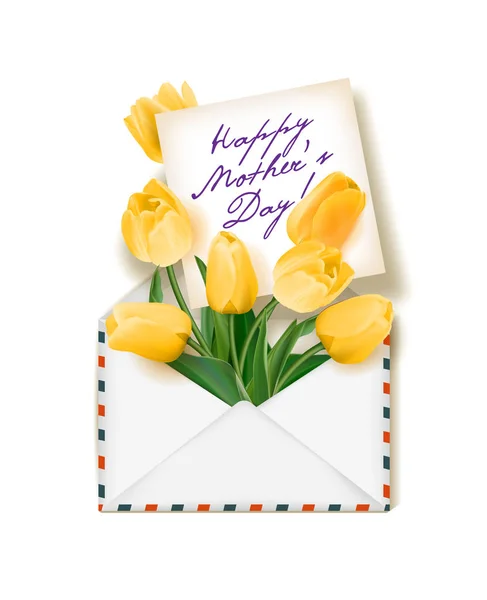 Tulipas com uma nota num envelope. Modelo para cartão, banner, um convite. Feliz Cartão de Dia das Mulheres. Conceito fundo de mola. Vector. O conceito de entrega de flores . — Vetor de Stock