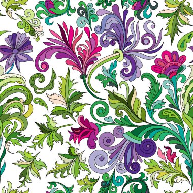 Dekoratif el çizimi doğa süslemeli kıvrımlı vektör kabataslak dikişsiz desen