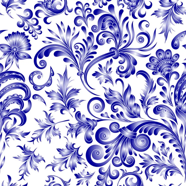 Doodle paisley χωρίς ραφή πρότυπο. Ντεγκραντέ floral στοιχεία σε άσπρο φόντο. Gzhel. Ακουαρέλα απομίμηση. Δύο χρώματα εκτύπωσης — Διανυσματικό Αρχείο