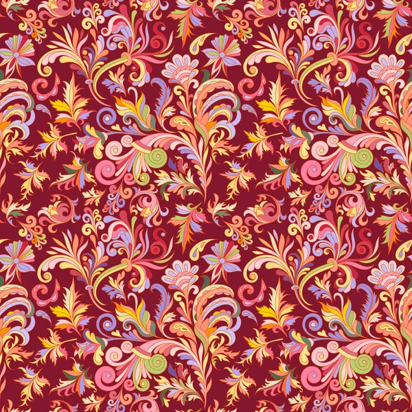 Patrón sin costura floral vectorial con coloridas plantas de fantasía y rizos — Vector de stock
