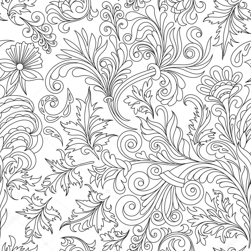Decorative vintage flowers seamless pattern. Good for coloring book for adult and older children. Coloring page. Outline drawing. Vector illustration.