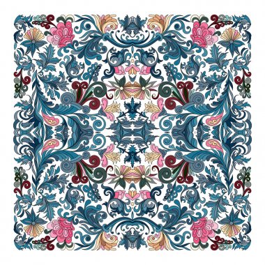 Renkli süs çiçek desenli şal, bandana, yastık, eşarp. Kare desen. Çiçek eşarp uygulama projesi. Mavi kahverengi kırmızı Doğu süsleme beyaz arka plan üzerinde. Batik