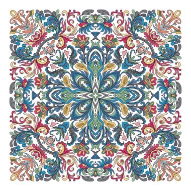 Renkli süs çiçek desenli şal, bandana, yastık, eşarp. Kare desen. Çiçek eşarp uygulama projesi. Mavi kahverengi kırmızı Doğu süsleme beyaz arka plan üzerinde. Batik