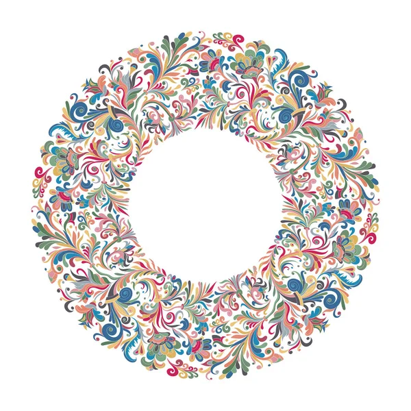 Vector cirkelframe, krans ontwerp gemaakt van doodle bloemen. Cirkel decoratie. Illustratie van de krans gemaakt van bloemen en kruiden. Lente elementen. Floral doodles krans — Stockvector