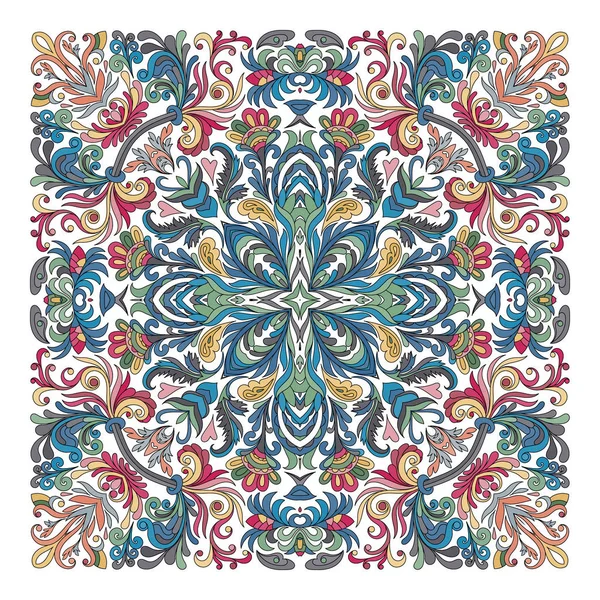 Châle de paisley floral ornemental coloré, bandanna, oreiller, écharpe. Modèle carré. Écharpe florale détaillée. Bleu brun rouge ornement oriental sur fond blanc. Batik ! — Image vectorielle