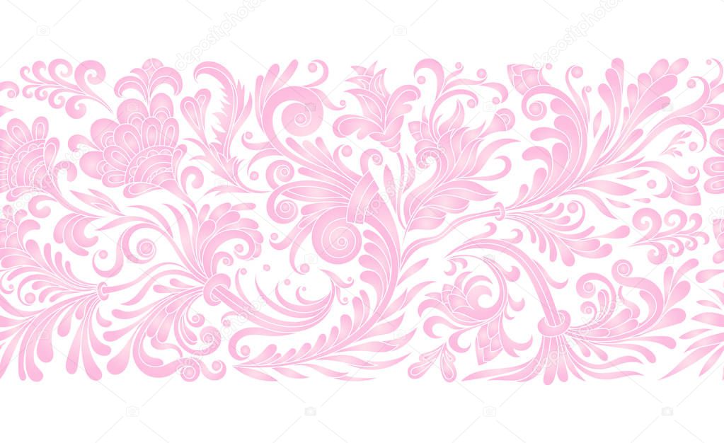 Vintage floral baroque seamless border with blooming magnolias, rose and twigs, roses vector illustration, flower pattern