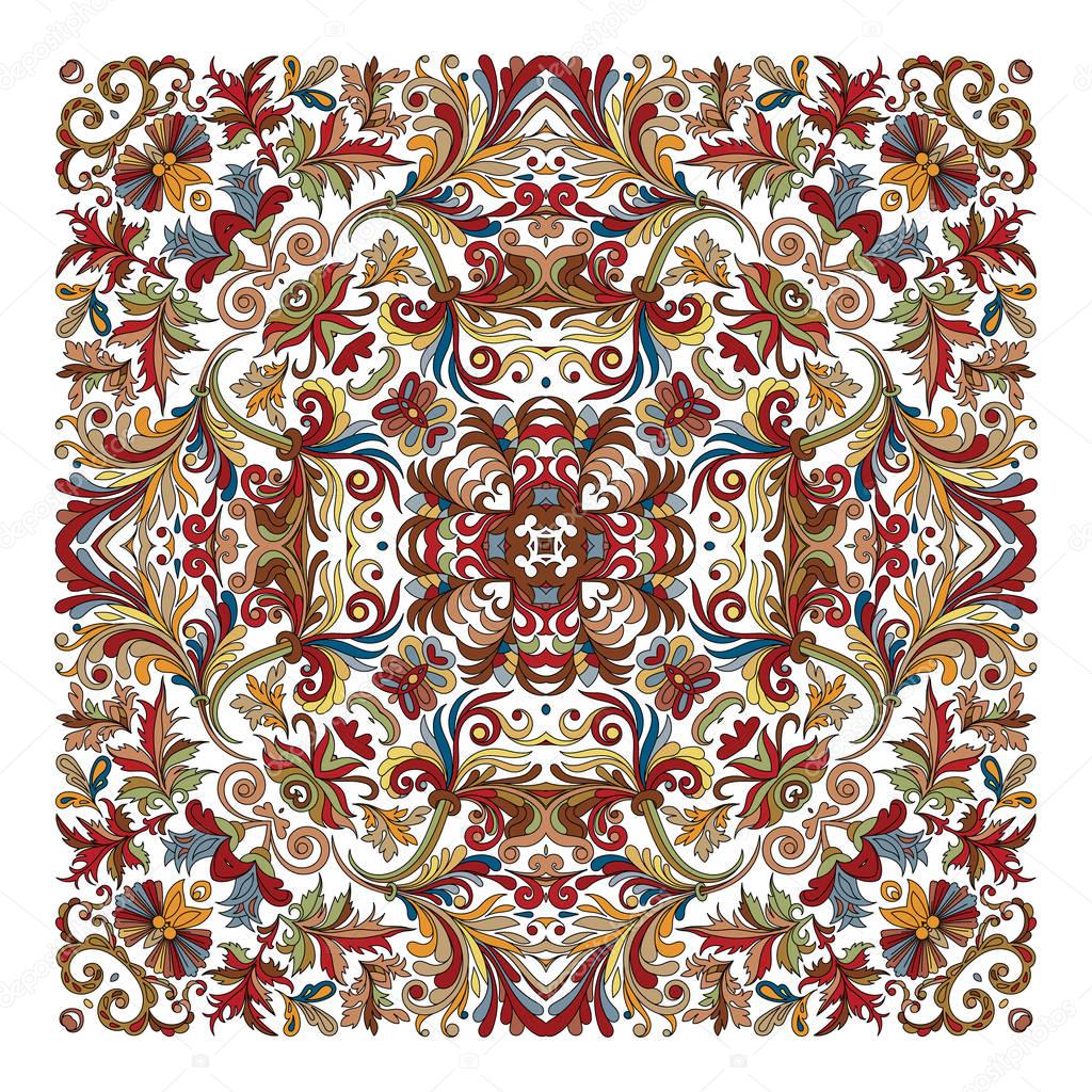 Colorful ornamental floral paisley shawl, bandanna, pillow, scarf. Square pattern. Detailed floral scarf design. Blue brown red eastern ornament on white background. Batik