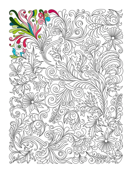 Doodle blommigt mönster i svart och vitt. Sidan för målarbok: mycket intressant och avkopplande jobb för barn och vuxna. Zentangle ritning. Blomma matta i magiska trädgård — Stock vektor