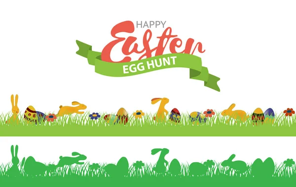 Easter seamless border with rabbits, grass and eggs. Multi-colored and monochromatic seamless border set. Egg hunt icon. — Stock Vector