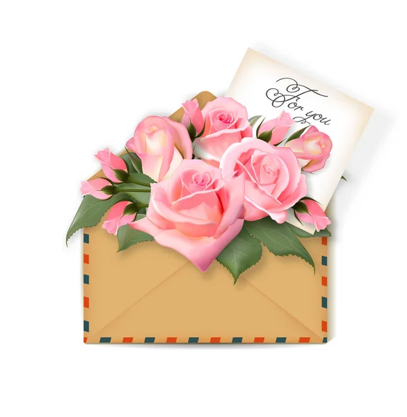 Rosen mit einem Zettel im Umschlag. Vorlage für Grußkarte, Banner, Einladung. Muttertagskarte. Konzept Frühling Hintergrund. Vektor. das Konzept der Blumenlieferung. — Stockvektor