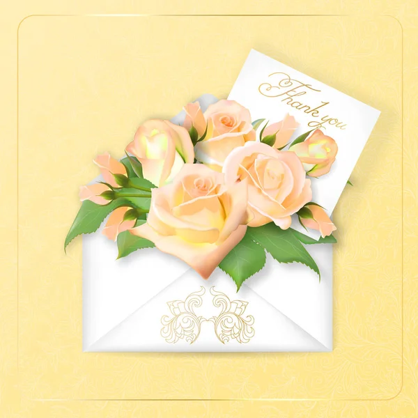 Rosas com uma nota num envelope. Modelo para cartão, banner, um convite. Cartão do Dia das Mães. Conceito fundo de mola. Vector. O conceito de entrega de flores . — Vetor de Stock