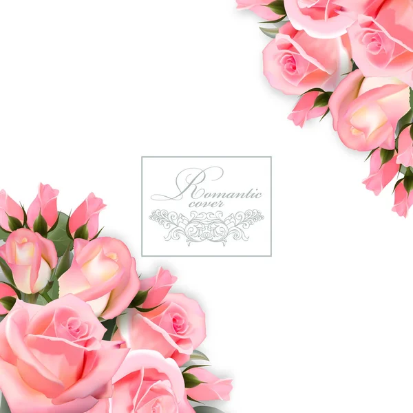Διάνυσμα φόντο με ροζ τριαντάφυλλα λουλούδια και πράσινα φύλλα. — Διανυσματικό Αρχείο