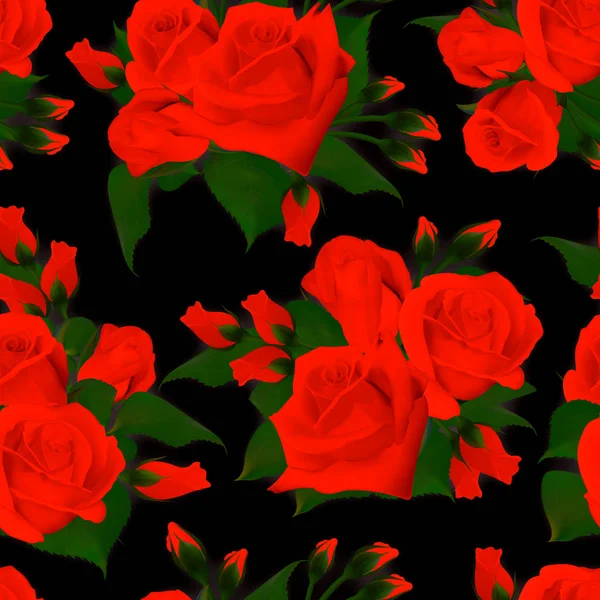 红玫瑰上黑色无缝花纹，矢量图. — 图库矢量图片
