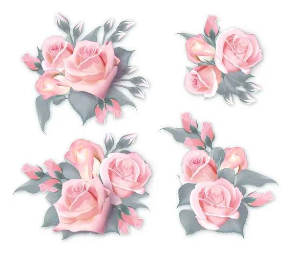 Ensemble vectoriel de bouquets de roses. Imitation aquarelle de qualité de roses roses délicates. Peut être utilisé comme carte de vœux, carte d'invitation pour mariage, anniversaire et autres vacances et fond d'été — Image vectorielle