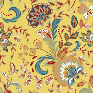 Fantezi çiçekli kusursuz desen, doğal duvar kağıdı, çiçek desenli kıvrım çizimi. Paisley el çizimi elementler. Ev dekoru.