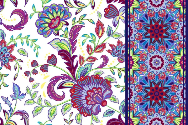 Conjunto de padrão floral sem costura e borda para design. Desenho manual Ilustração vetorial. Fundo sem costura com flores . —  Vetores de Stock