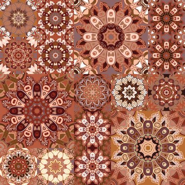 Kahverengi vintage seamless modeli ile çiçek ve mandala öğeleri. Elle çizilmiş arka plan. Kumaş, duvar kağıdı, çini, ambalaj, kapakları ve halı için kullanılabilir. Islam, Arapça, Indian, Osmanlı motifleri.