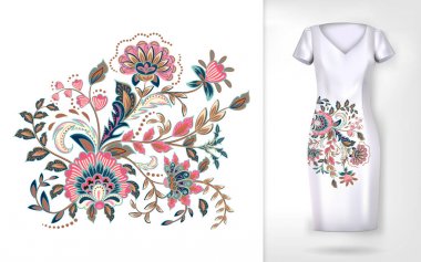 Nakış renkli eğilim çiçek desenli. Vektör geleneksel süs flowerspattern elbise kadar sahte. Soyunma giyim, tekstil, ev eşyaları kullanılabilir.