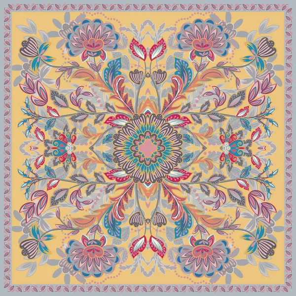 Encantadoras flores étnicas indias de mantel. Hermoso adorno vectorial. Tarjeta, estampado bandana, diseño de pañuelo, servilleta. Pastel marrón azul rosado ornado patrón en beige. Listo para imprimir . — Archivo Imágenes Vectoriales