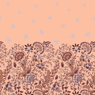 Dekoratif pembe bej çiçekli kesintisiz dikey ışıma vektör ve süsleme pastel pembe bir arka plan üzerinde kelebek, Giysi, yatak örtüsü, davet, kart tasarımı vb için çizilmiş doku el.