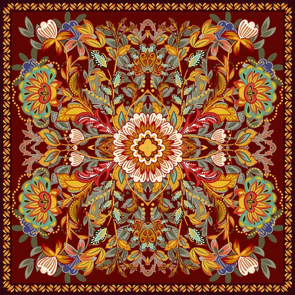 Encantadoras flores étnicas indias de mantel. Hermoso adorno vectorial. Tarjeta, estampado bandana, diseño de pañuelo, servilleta. Patrón adornado colorido brillante en blanco . — Archivo Imágenes Vectoriales