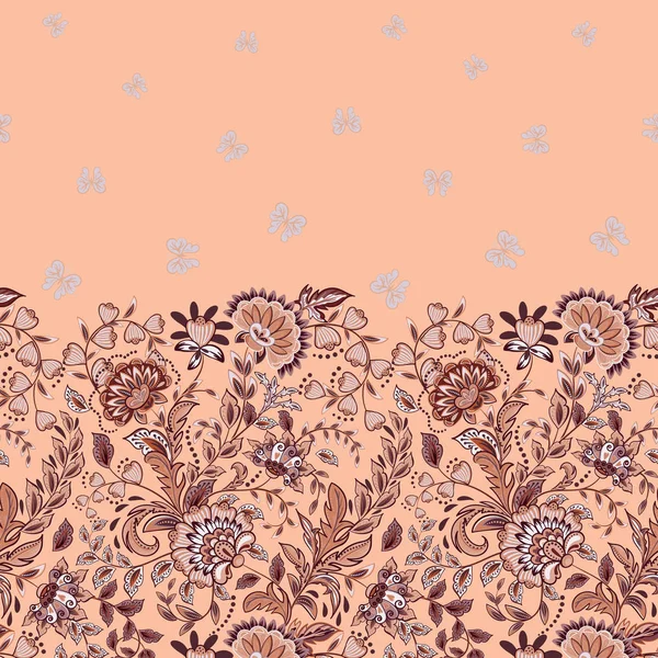 Vector seamless vertical pattern with Decorative pink beige flowers and butterfly ornament on pastel pink background, hand drawn texture for clothes, bedclothes, invitation, card design etc. — Stock Vector