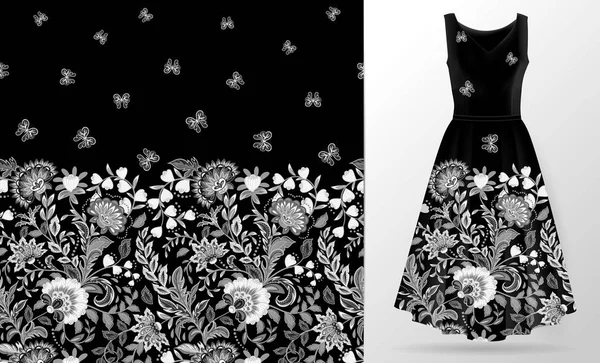 Florales nahtloses Muster mit orientalischer Handzeichnung. Vektorillustration im asiatischen Textilstil. Frauen-Kleid-Attrappe. Schwarz-weiße Farben. — Stockvektor
