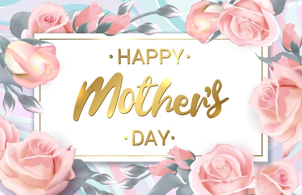 Šťastné matky den. Růžové růže s zlatým písmem. Růžový květ horizontální banner. Vektorové ilustrace — Stockový vektor