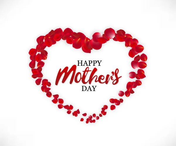 Yazıt "Mutlu anneler günü" Kalbin içindeki beyaz zemin üzerine gül yaprakları. Anneler Günü tebrik vektör çizim — Stok Vektör