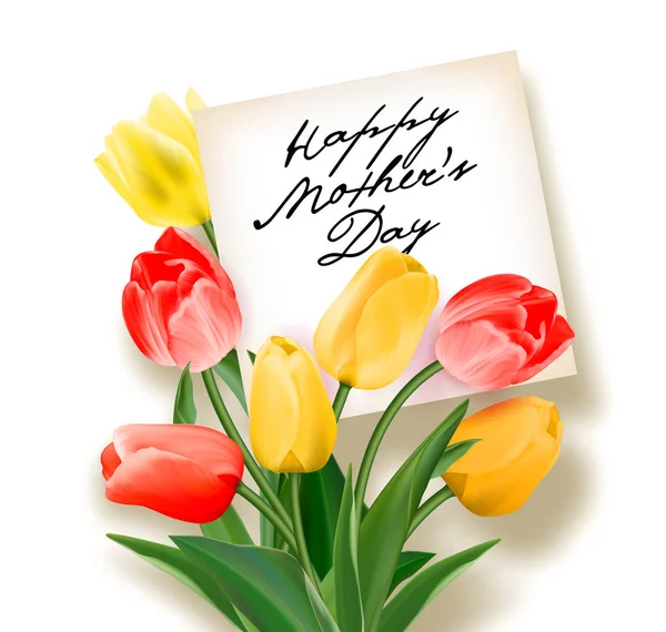 Strauß roter und gelber Tulpen mit einem Zettel drinnen und der Aufschrift Happy Mother Day. Grußkarte zum Muttertag. Vektor realistische Tulpenblüten. keine Spur. — Stockvektor