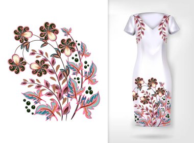 Nakış renkli eğilim çiçek desenli. Vektör geleneksel süs flowerspattern elbise kadar sahte. Soyunma giyim, tekstil, ev eşyaları kullanılabilir.