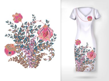 Nakış renkli eğilim çiçek desenli. Vektör geleneksel süs flowerspattern elbise kadar sahte. Soyunma giyim, tekstil, ev eşyaları kullanılabilir.