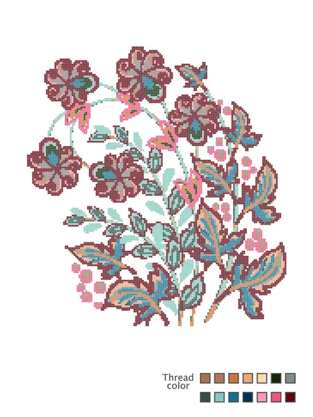 Cross Stitch Flowers. Modelo pronto para costura cruzada. Catálogo de cores de rosca usadas. Vetor — Vetor de Stock