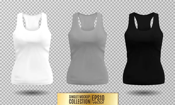 Illustration vectorielle du débardeur fitness pour femme. Illustration réaliste vêtements de sport. Objets vectoriels réalistes sur fond transparent. Couleurs blanc, gris et noir . — Image vectorielle