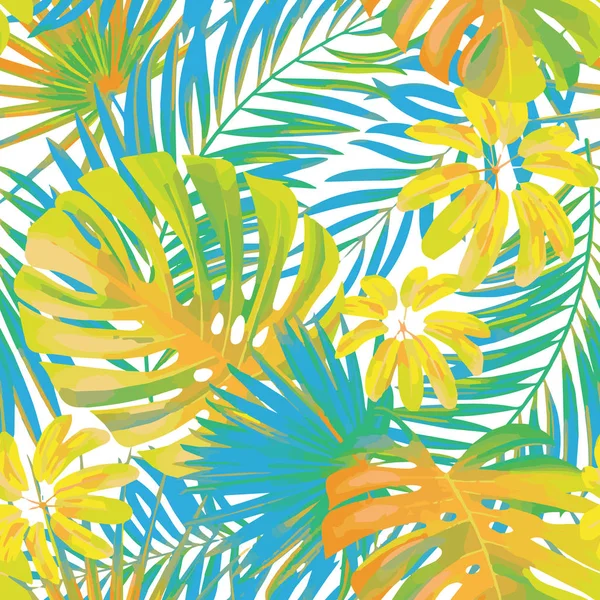 Verano exótica palma tropical floral, hojas de monstera en colores amarillos y azules. Patrón sin costura vectorial. Fondo de pantalla de naturaleza vegetal — Archivo Imágenes Vectoriales