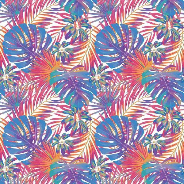 Summer exotic floral tropical palm, monstera leaves in violet and red colors. Vector seamless pattern. Plant nature wallpaper