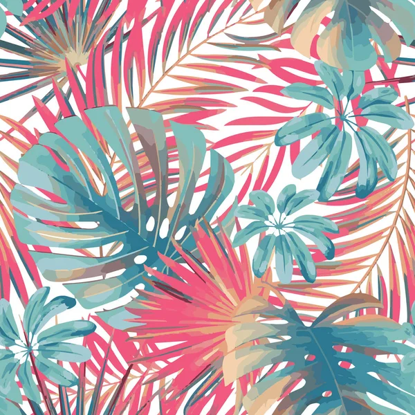 Sommer exotische Blumen tropische Palme, Monstera Blätter in rosa und blauen Farben. Vektor nahtlose Muster. Pflanze Natur Tapete — Stockvektor