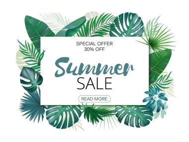 Çeşitli palmiye yaprakları ile yatay banner ve çiçek arka plan resmi