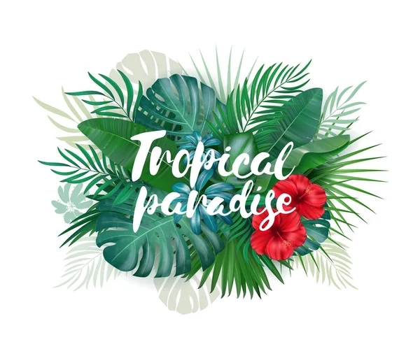 Etichetta paradiso tropicale su sfondo con foglie e fiori — Vettoriale Stock