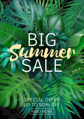 Satılık Dikey afiş, poster palmiye yaprakları, orman yaprağı ve el yazısı yazı ile. Çiçek tropikal yaz arka plan. Vektör çizim Eps10