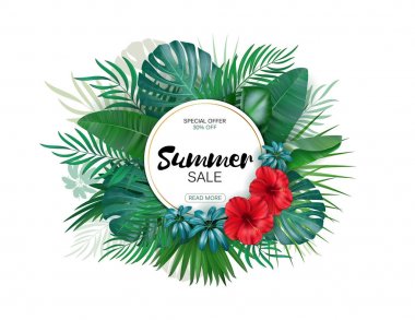 Satılık. Yuvarlak yaz Satılık tropikal freme bırakır. Tropik çiçekler, yapraklar ve arka plan bitkiler