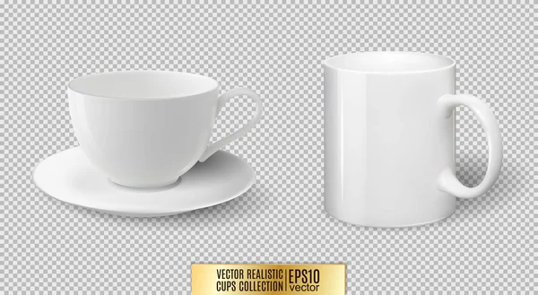 Vector realista taza de cerámica blanca y taza aislada sobre fondo transparente . — Vector de stock