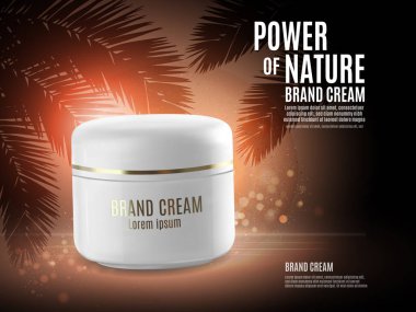 Nemlendirici ve besleyici kozmetik premium ürün tanıtımı için 3D illüstrasyon vektör. Mat beyaz şişe arka plan palm ile kozmetik ürünleri ile yaprak ve parlak elemanları