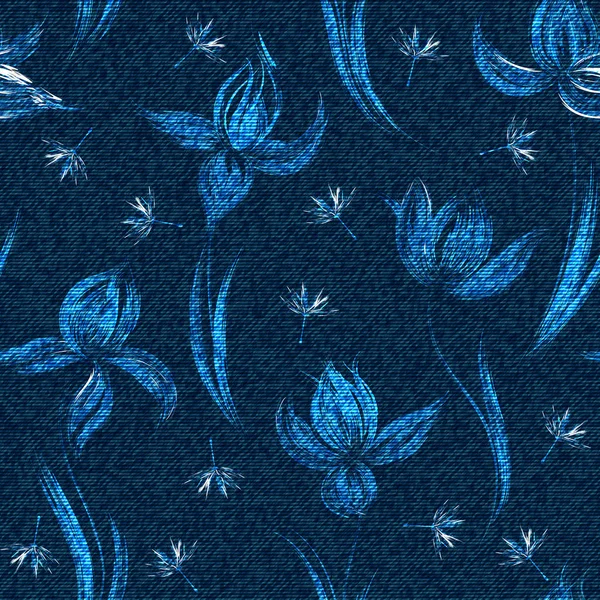 Vector denim floral seamless pattern. Faded jeans background with crocus flowers. Blue jeans cloth background — Stock Vector