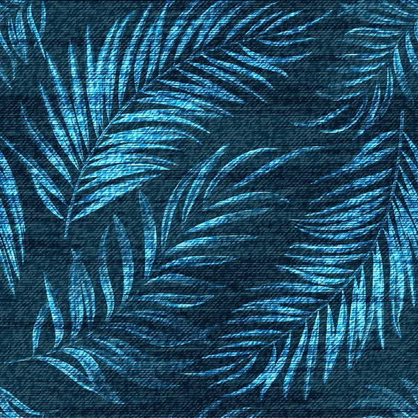 Vector denim exótica hoja de palma patrón sin costuras. Fondo de jeans descoloridos con plantas tropicales. Fondo de tela vaqueros azules — Vector de stock