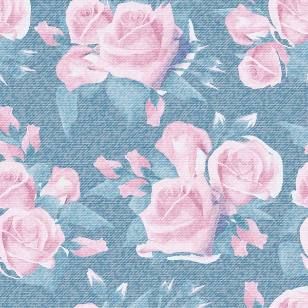 Denim azul claro con patrón floral de colores. Hermoso Inglés rosa floral sin costura de fondo. Rosas realistas mano dibujar ornamento. Vector — Vector de stock